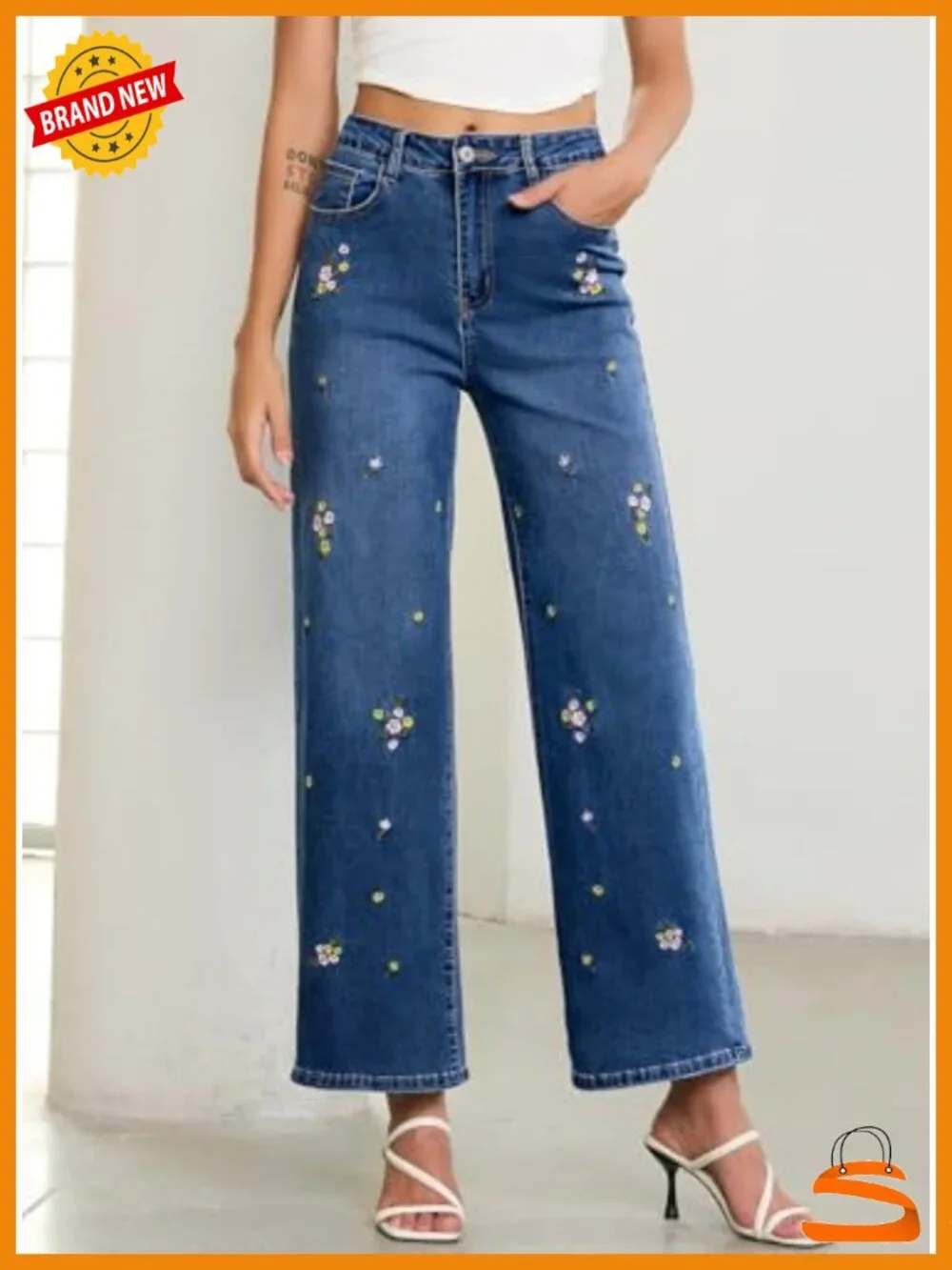 High Waisted Straight Wide Leg Embroidered Jeans